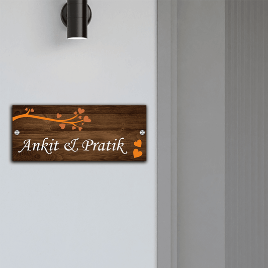 Personalized Acrylic Name Plate For Home – Vinyl Wooden, Orange & White - NameplateWale