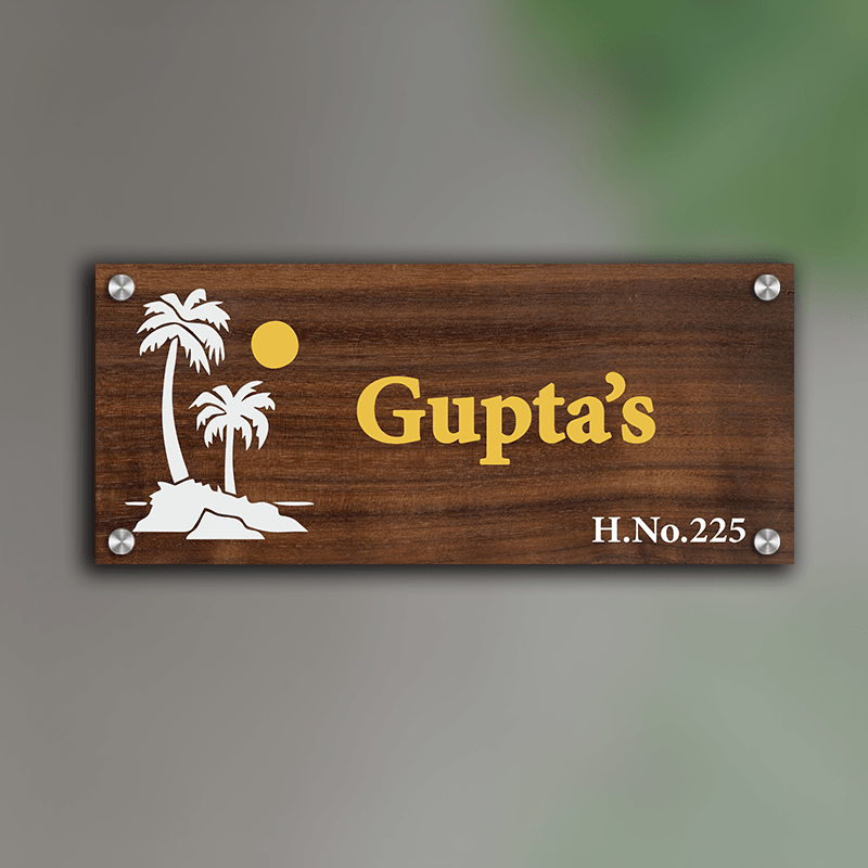 Personalized Acrylic Name Plate For Home – Vinyl Wooden, Yellow & White