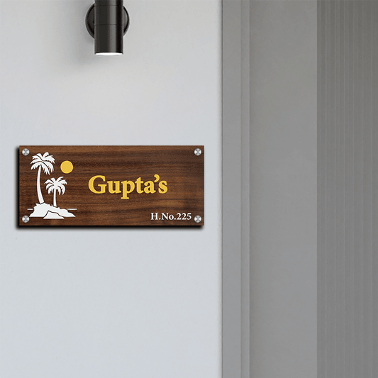 Personalized Acrylic Name Plate For Home – Vinyl Wooden, Yellow & White - NameplateWale