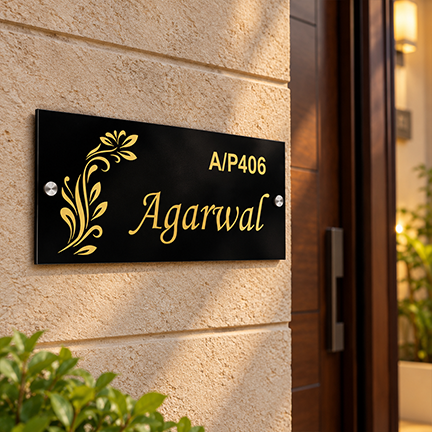 Personalized Acrylic Name Plate For Home – Black & Golden