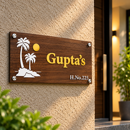 Personalized Acrylic Name Plate For Home –  Vinyl Wooden, Yellow & White