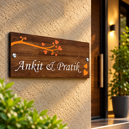 Personalized Acrylic Name Plate For Home –  Vinyl Wooden, Orange & White