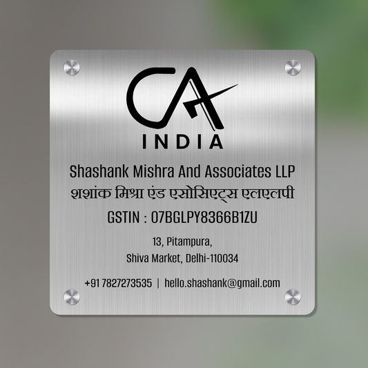 Chartered accountant (CA) Office name plate with company name, GSTIN, address